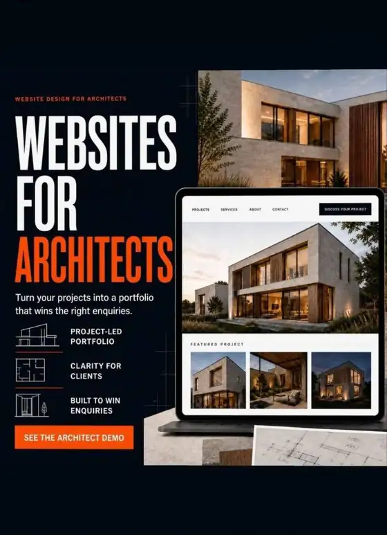 Website design for architects shown on a tablet, a demo by AdsyUp