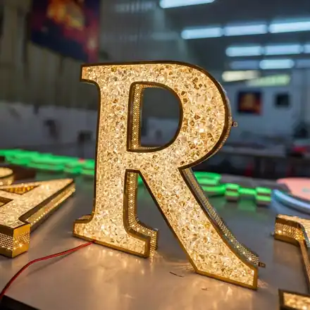 Crystal-fill illuminated letter R with gold edge
