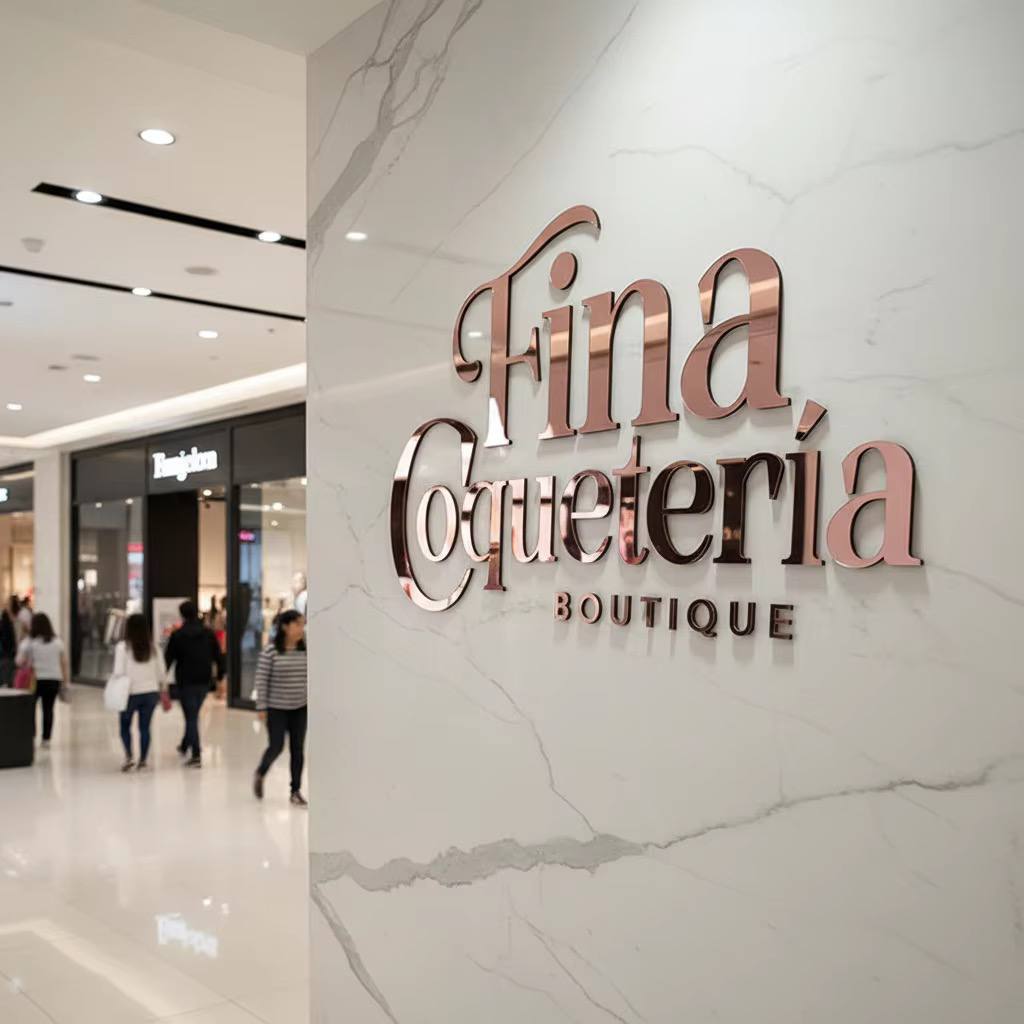 Rose gold mirror 3D letters with a small boutique tagline on a white marble wall