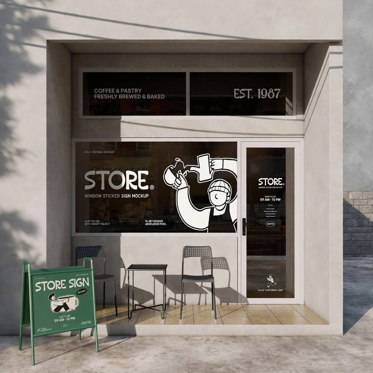 Visualisation of window graphics, door vinyl and an A-board on a small cafe shopfront