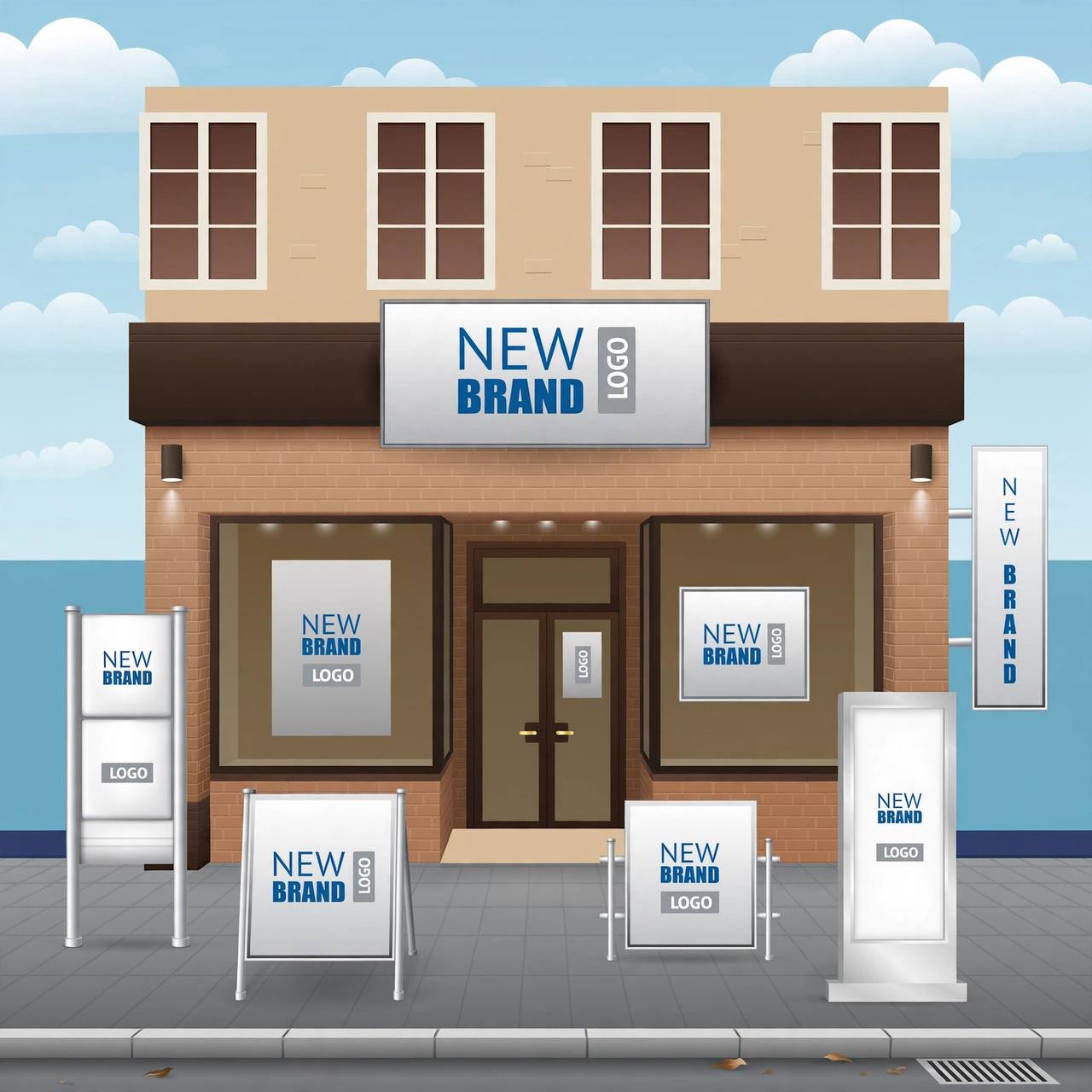 Illustrated shopfront concept with a fascia sign, window posters, a projecting sign and A-boards