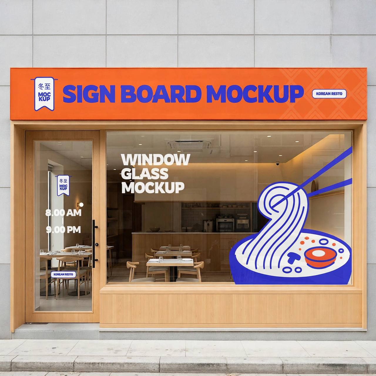 Visualisation of an orange fascia sign board with door and window graphics on a restaurant shopfront