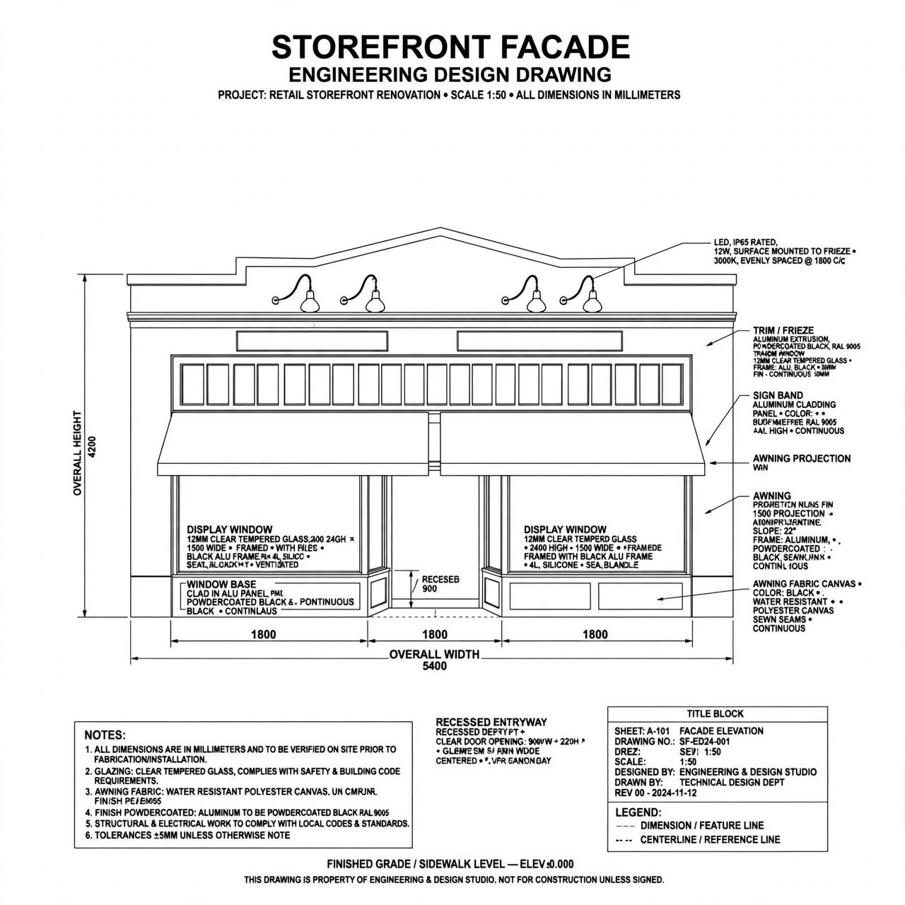 Technical elevation drawing of a shopfront with dimensions, sign band, awning and notes