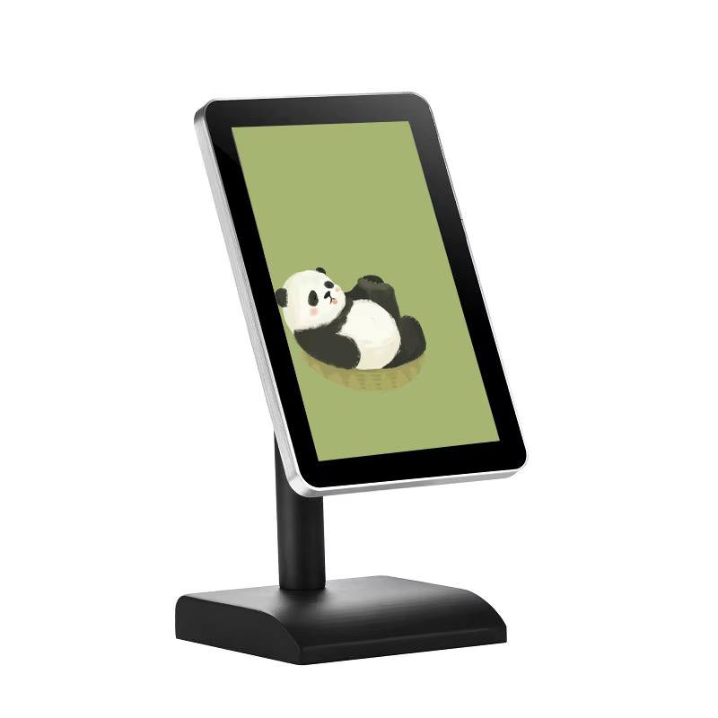 10.1 inch digital menu display on a black countertop stand, angled view